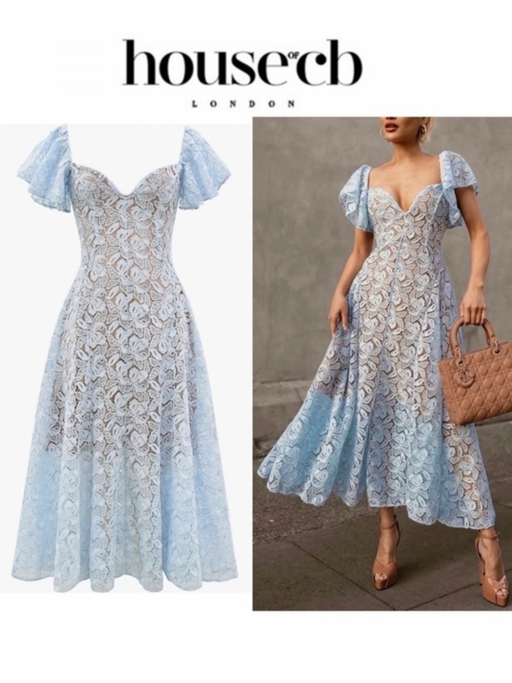 House of CB AUSTEN Bluebell Floral Lace Midi Dress Powder Blue Sz XS NWT $279